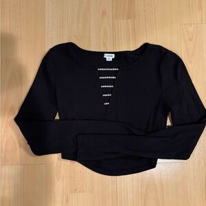 Garage Black Ribbed Long-Sleeve Cropped Top with Strappy Front